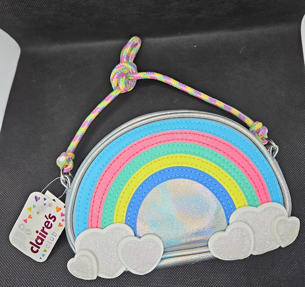 Claire's Shimmering Rainbow Bag with Heart Clouds